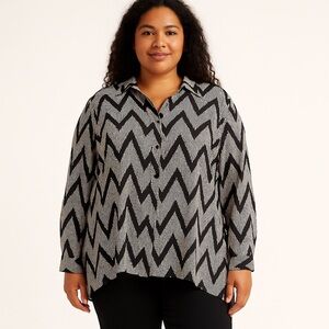 NY Collection Black and White Chevron Button Down Shirt